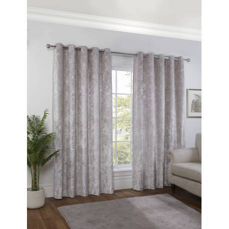 Geo Palm Silver Interlined Readymade Eyelet Curtains