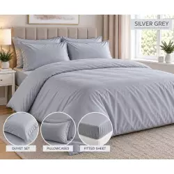 Microfibre Complete Set Grey Silver, Duvet Cover, Fitted Sheet, Pillowcases